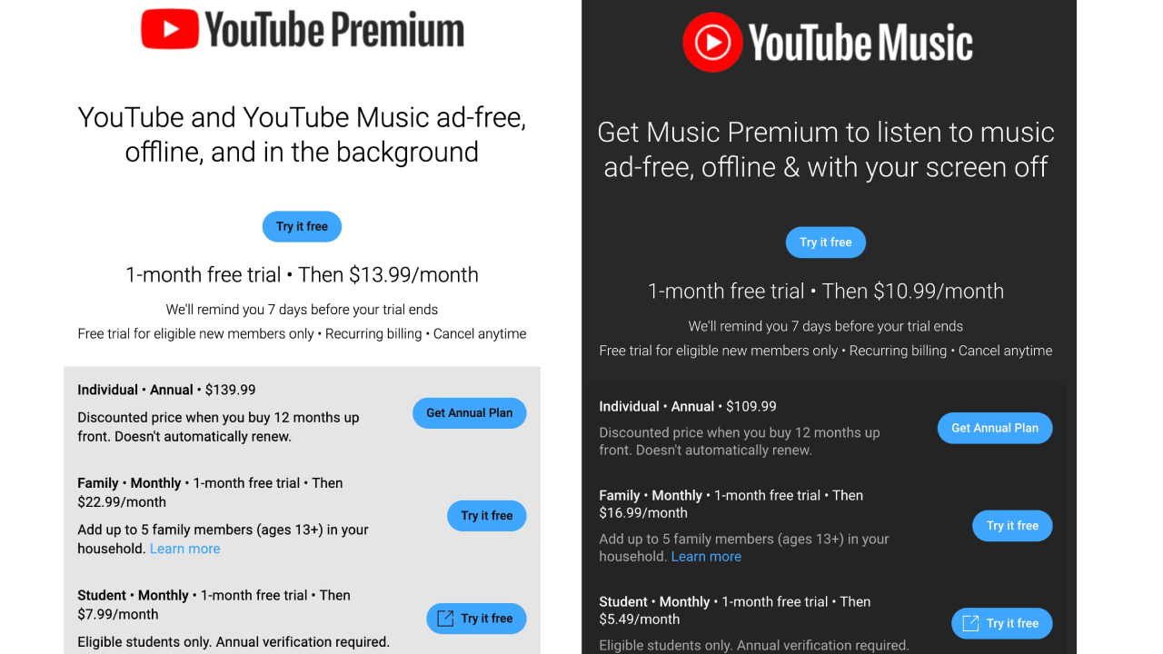 YouTube Premium and YouTube Music subscription options with new increased pricing