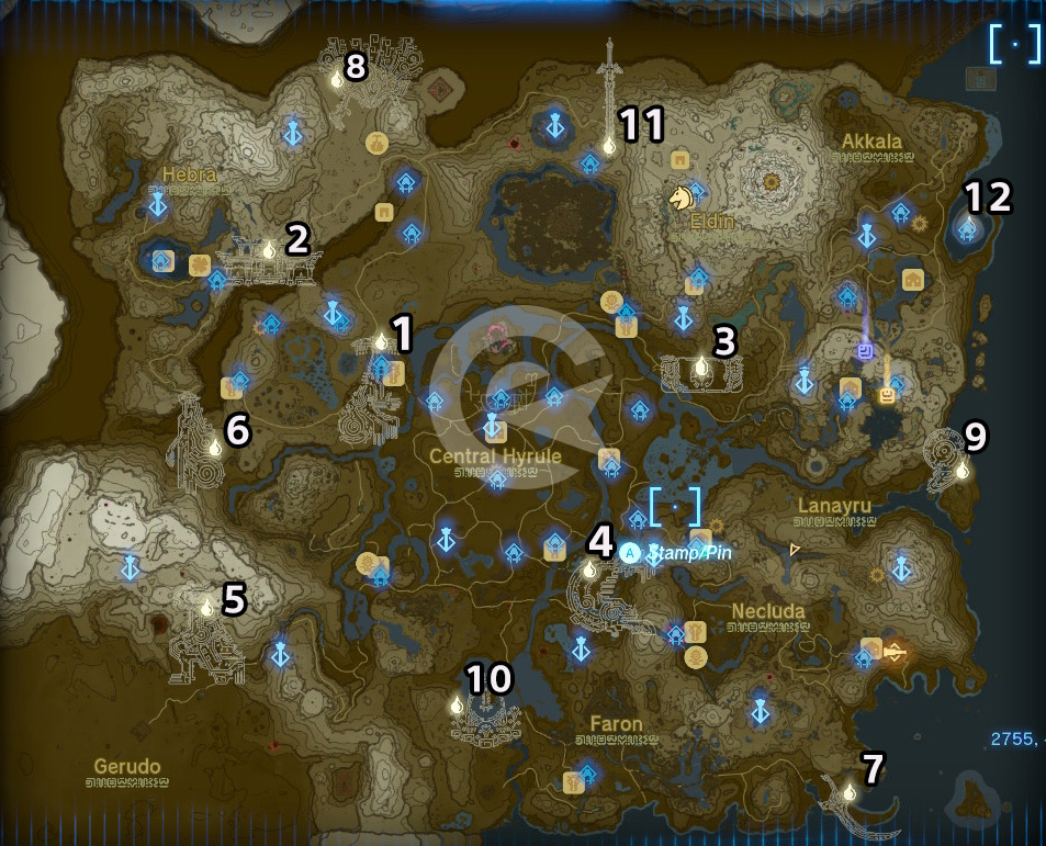 Zelda Tears of the Kingdom map with geoglyph locations.