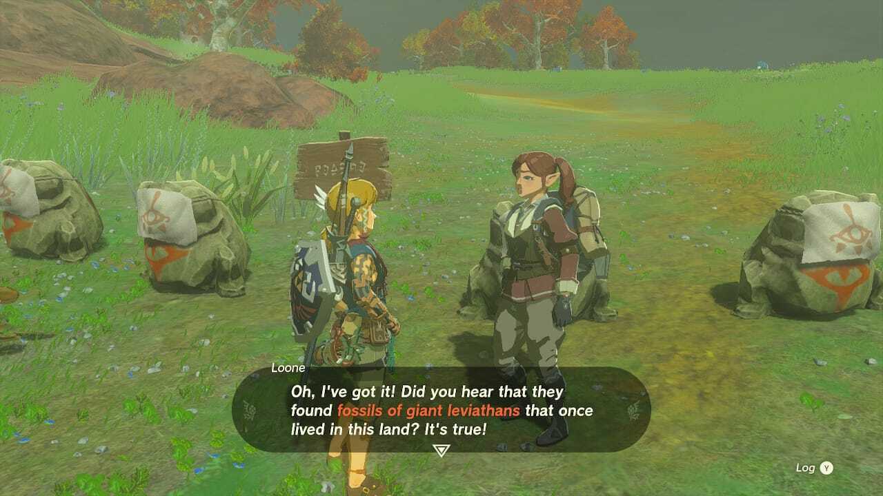 Zelda: TotK Loone telling Link about the three giant fossils across Hyrule.