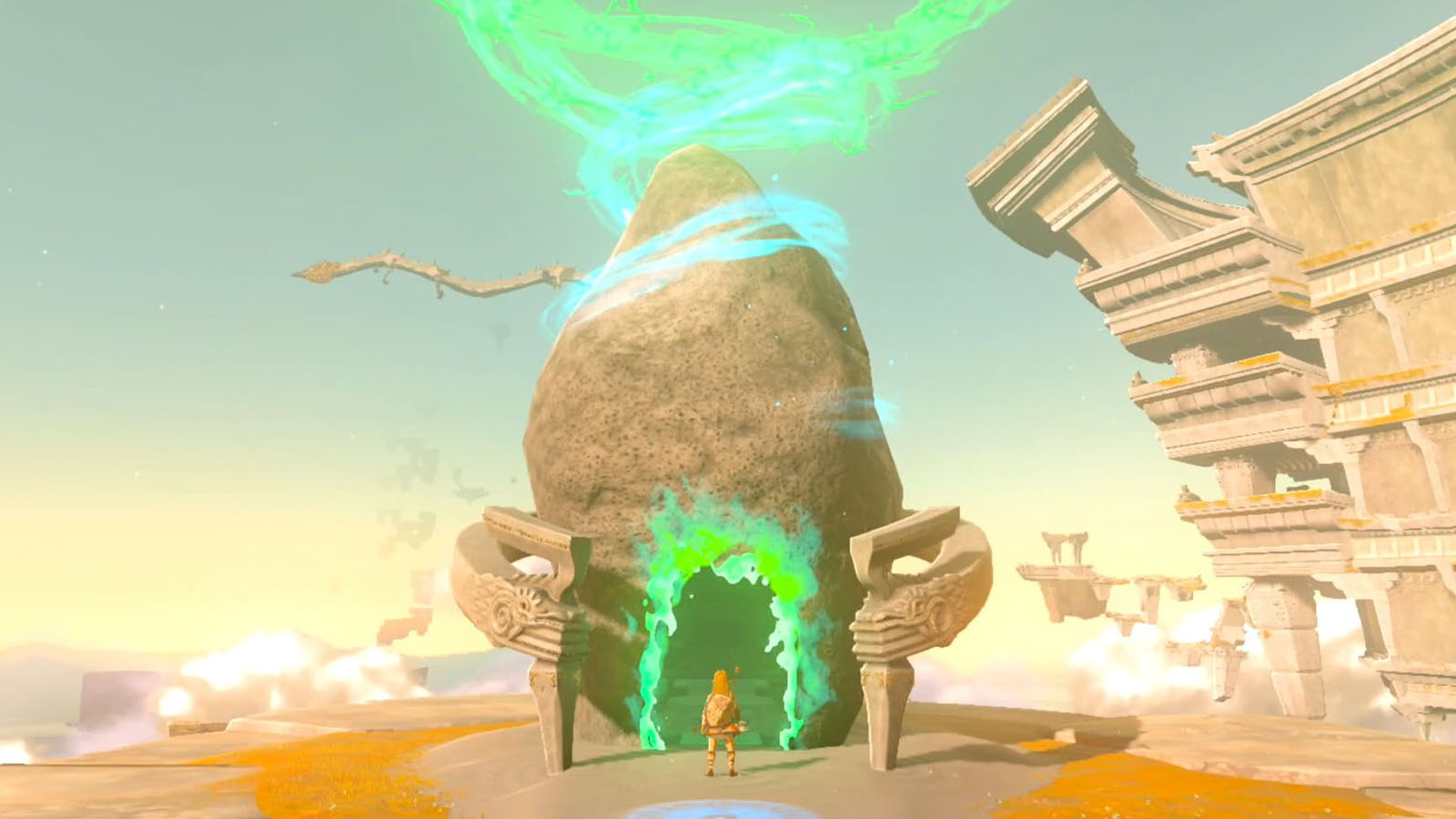 Link standing in front of a Shrine in the Skylands in Zelda: Tears of the Kingdom