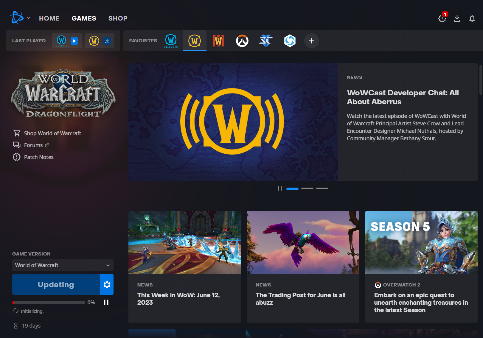 Battle.net App mit geöffnetem World of Warcraft-Tab