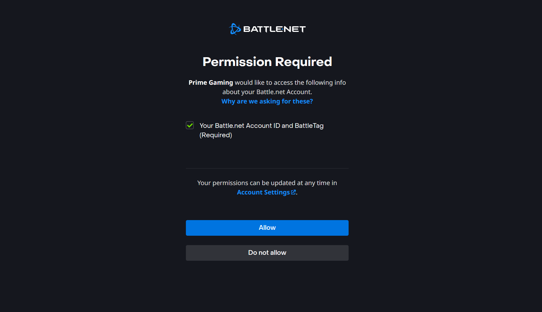 Battle.net Amazon Prime Confirmation Page