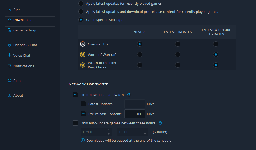 The Battle.net download settings