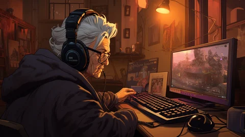 Earlygame grandma playing shooter games on pc with headset comi f7ef99db 8955 4625 be74 ae100f054287