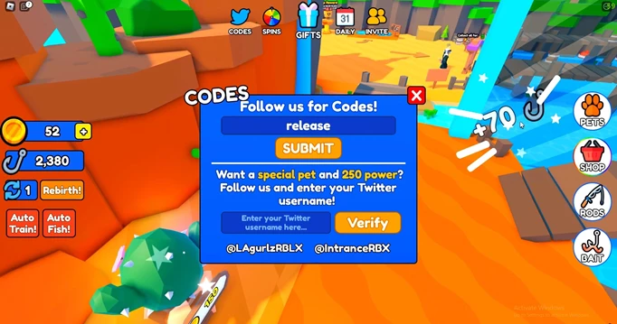 Roblox: Fishing Frenzy Simulator Codes redeem screen