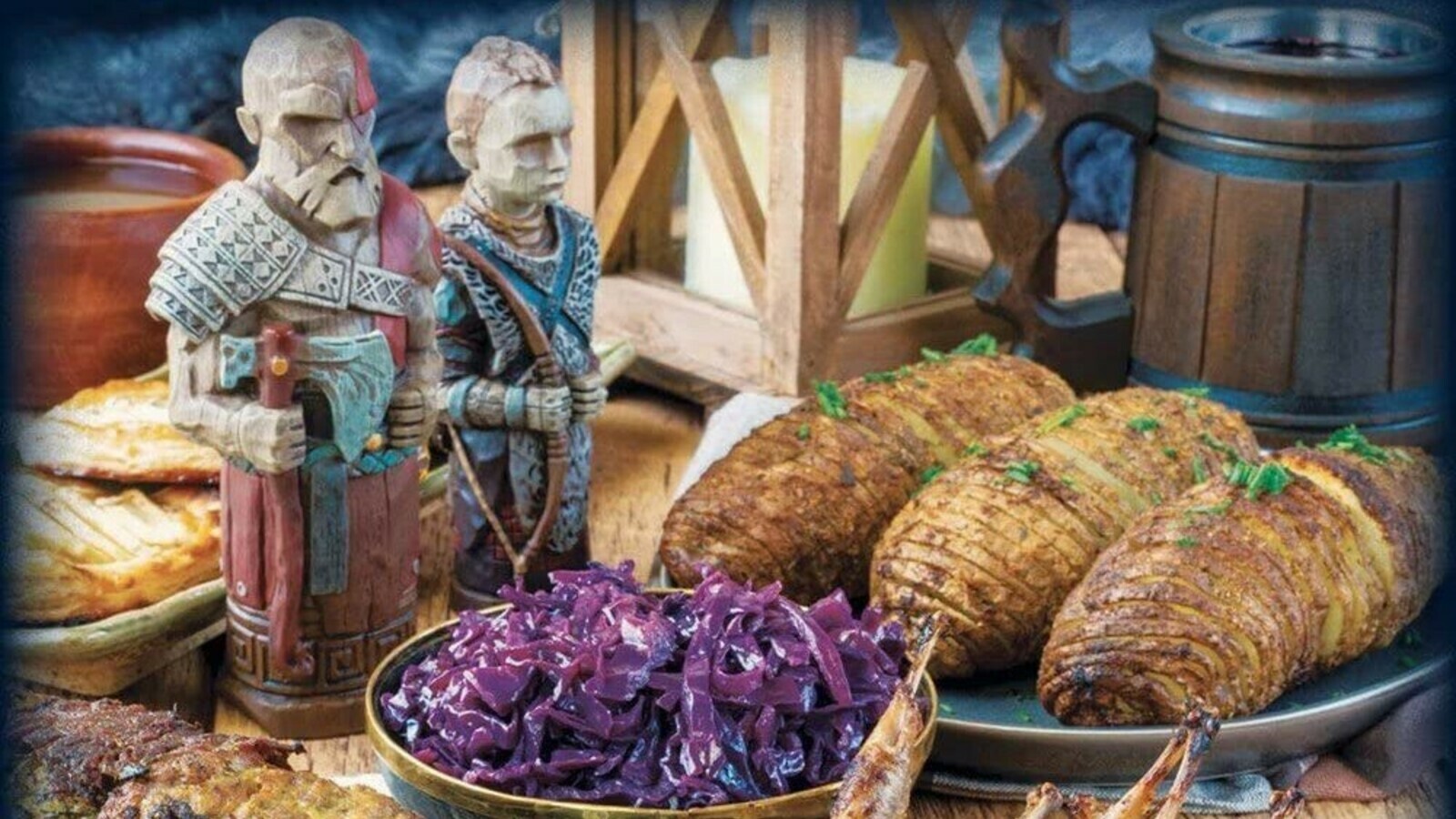 Kratos and Atreus figures next to food