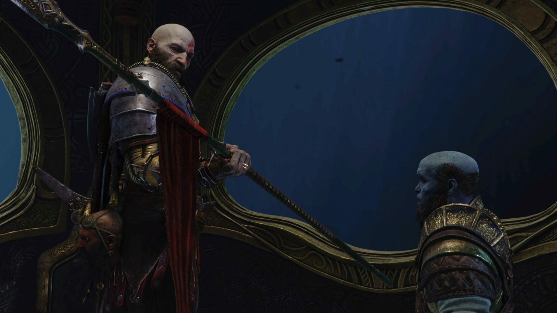 Kratos getting the spear from Brok