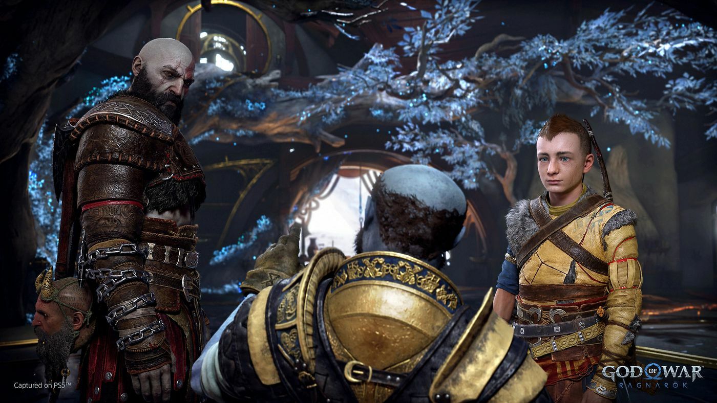 Kratos and Atreus talking to Brok