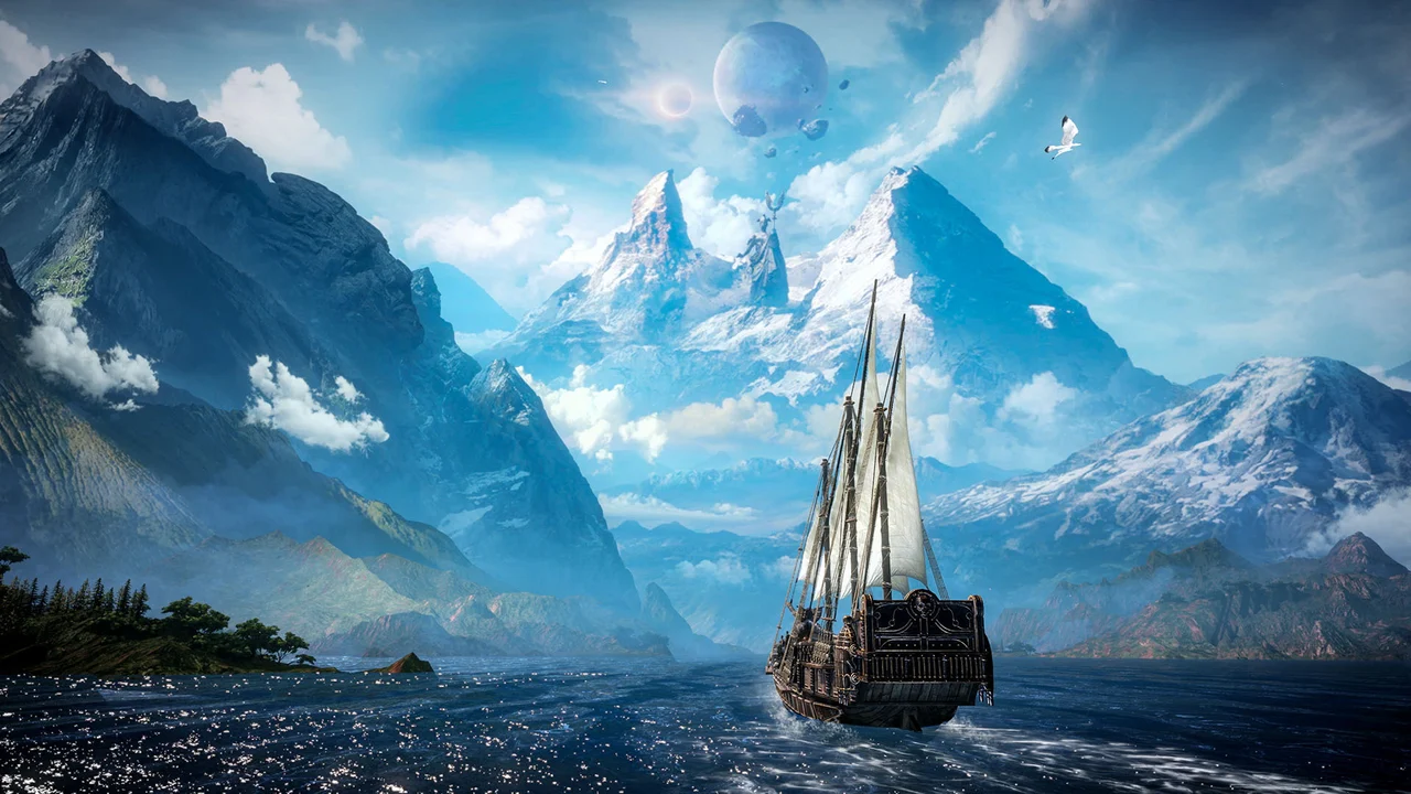 Ship from Lost Ark sailing toars a snowy mountain