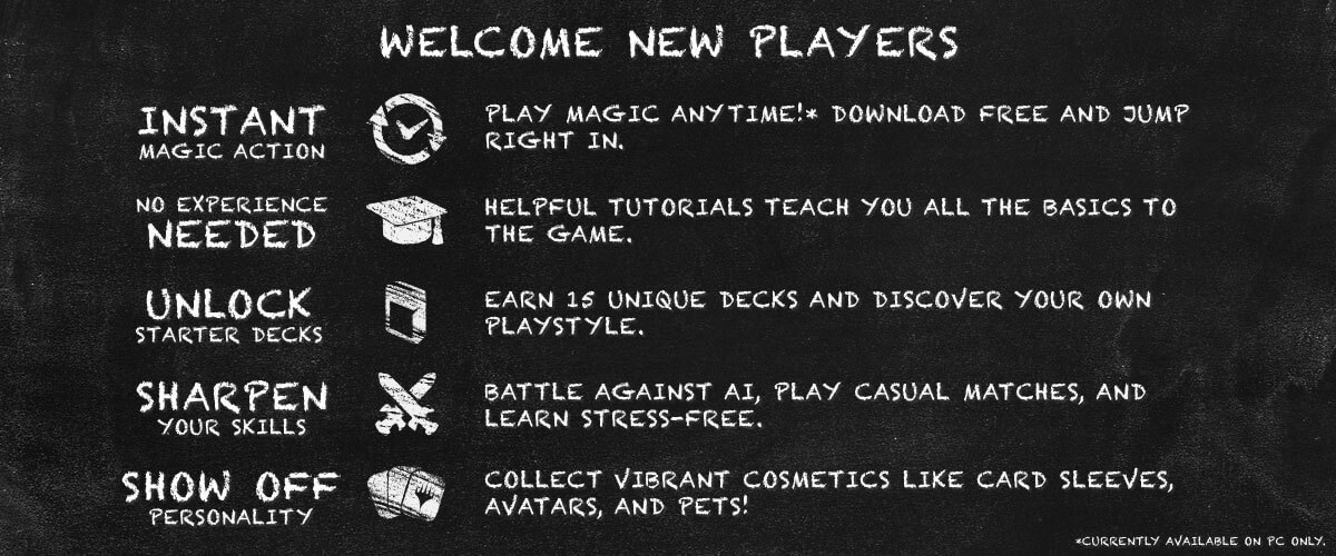 An MTGA ad listing the advantages for new players