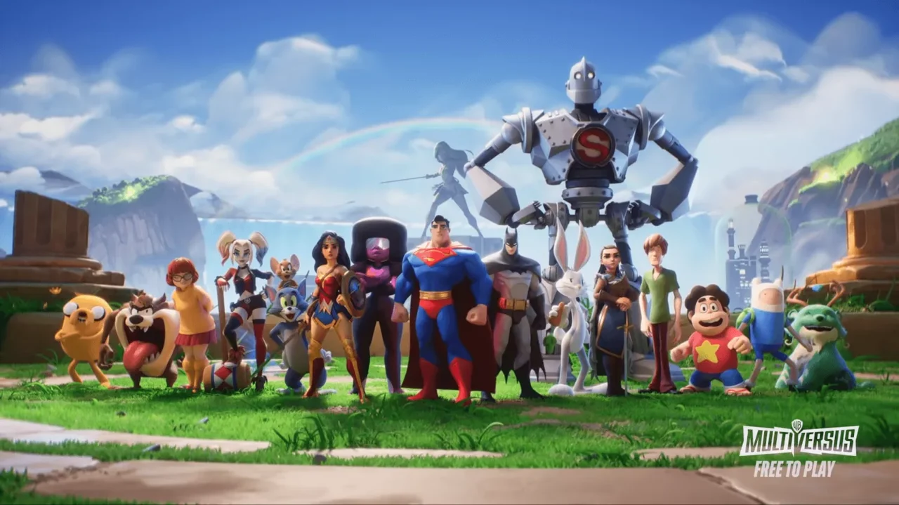 Superman, Wonderwoman, Batman and many more MultiVersus-Characters posing together.