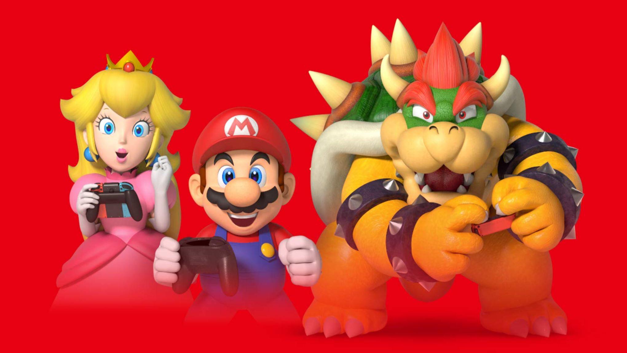 Peach Mario und Bowser mit Nintendo Switch Controllern