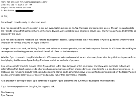 Phil schiller letter fortnite apple