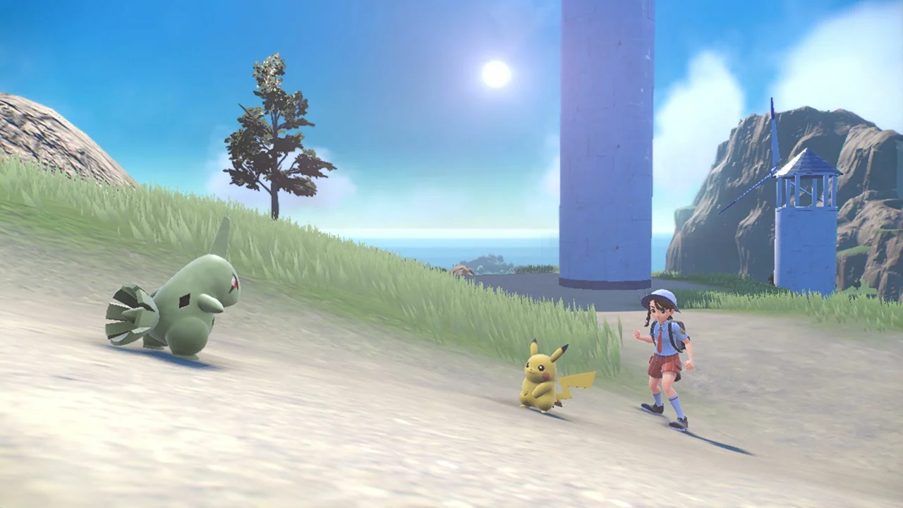 Pikachu and Larvitar in Pokémon Scarlet and Voilet