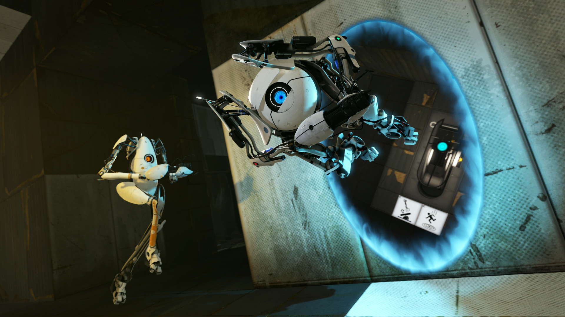 The iconic two Portal robots, jumping through a portal