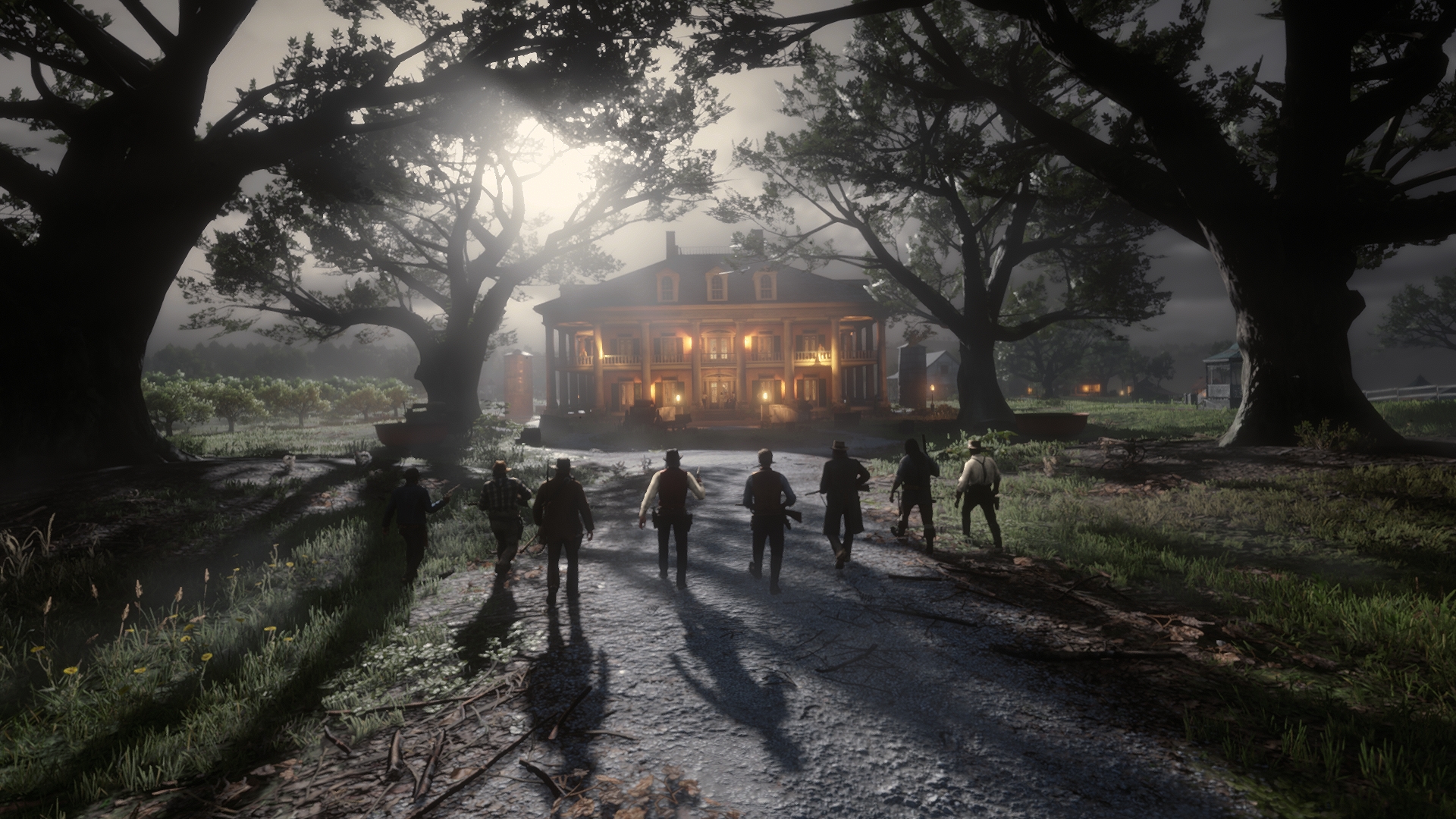 Vaqueros armados frente a una granja en Red Dead Redemption 2