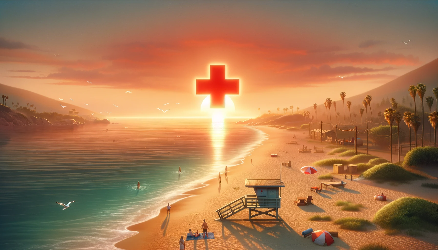 Red cross symbol at a beach beyond sunset