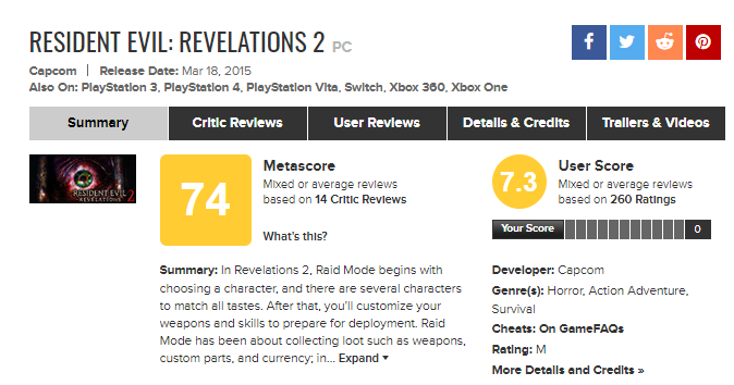 resident evil revelations 2 metacritic score