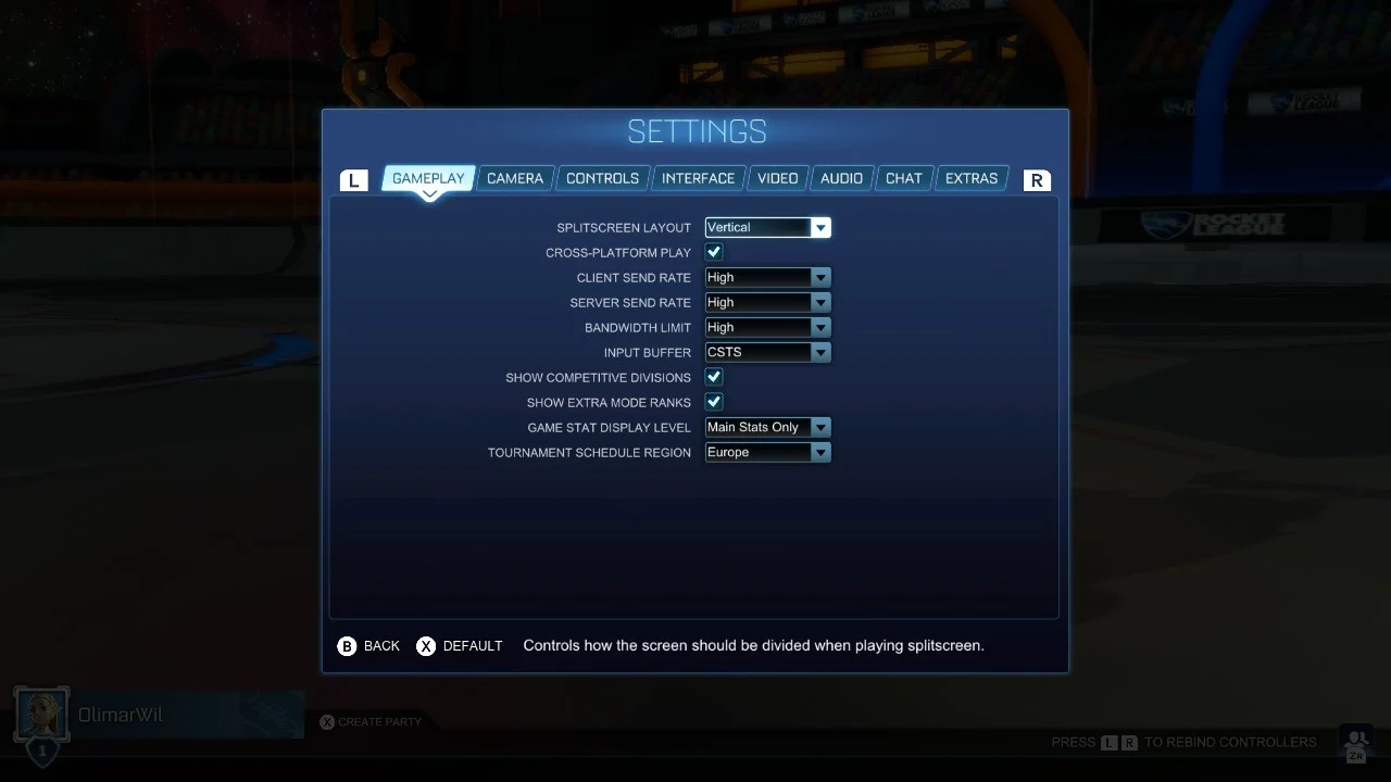 rl gameplay menu ping settings