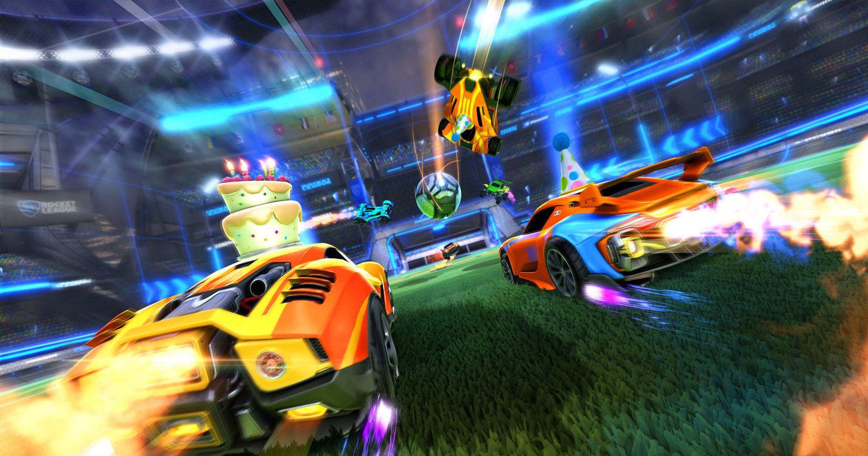 Rocket League cars chasing the ball