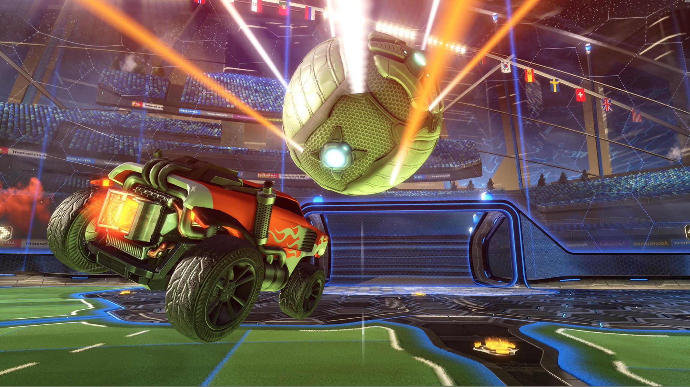 Rocket League car flying in arena