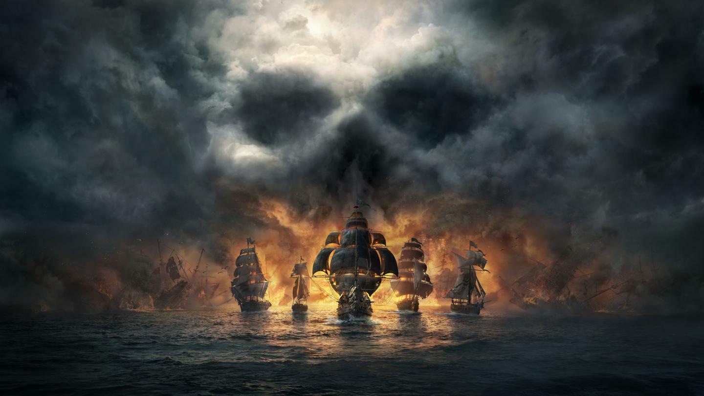 Skull & Bones keyart showing a cloud formed as a skull above five ships sailing on the sea