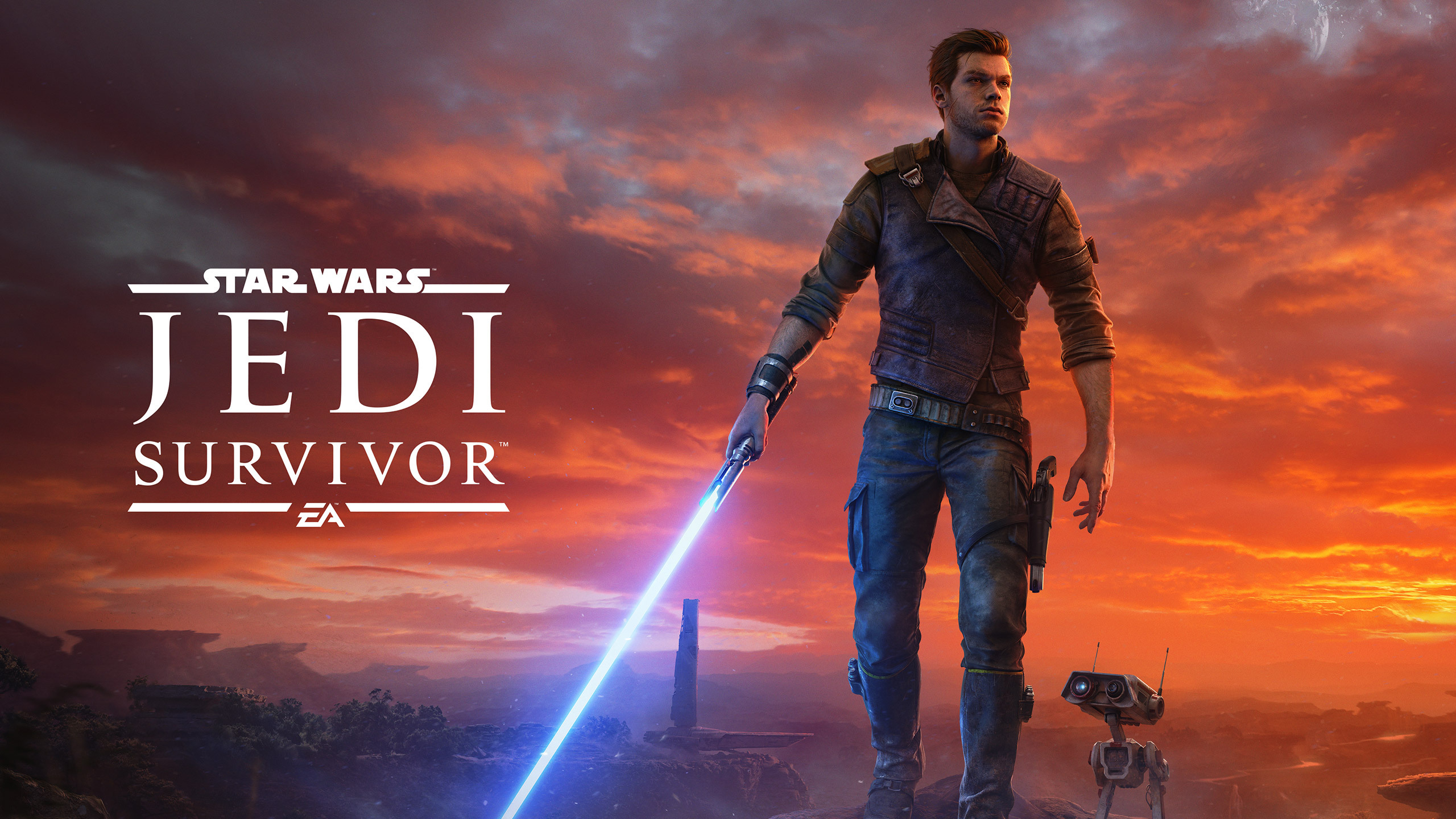 Jedi Survivor keyart showing Cal and BD-1 in a desert-like environment