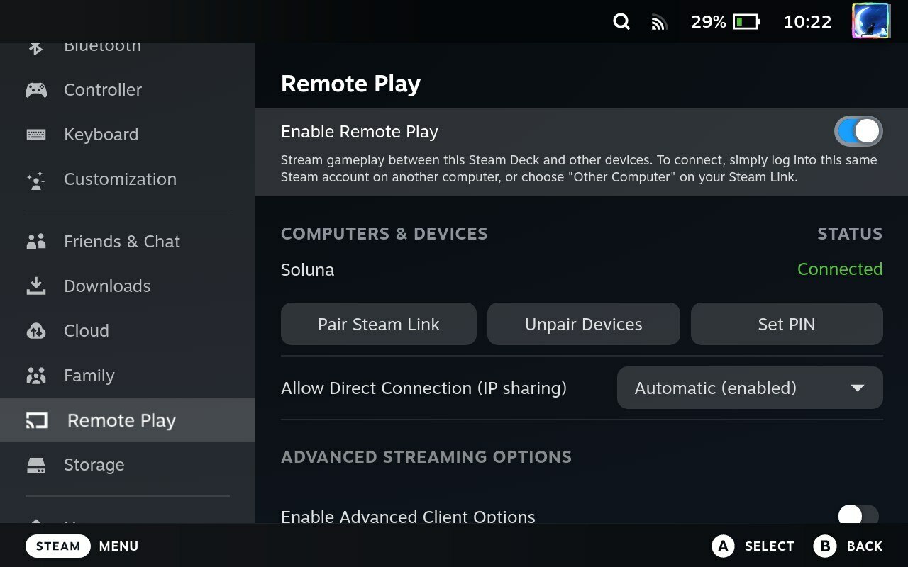 Steam Deck Remote Play menu