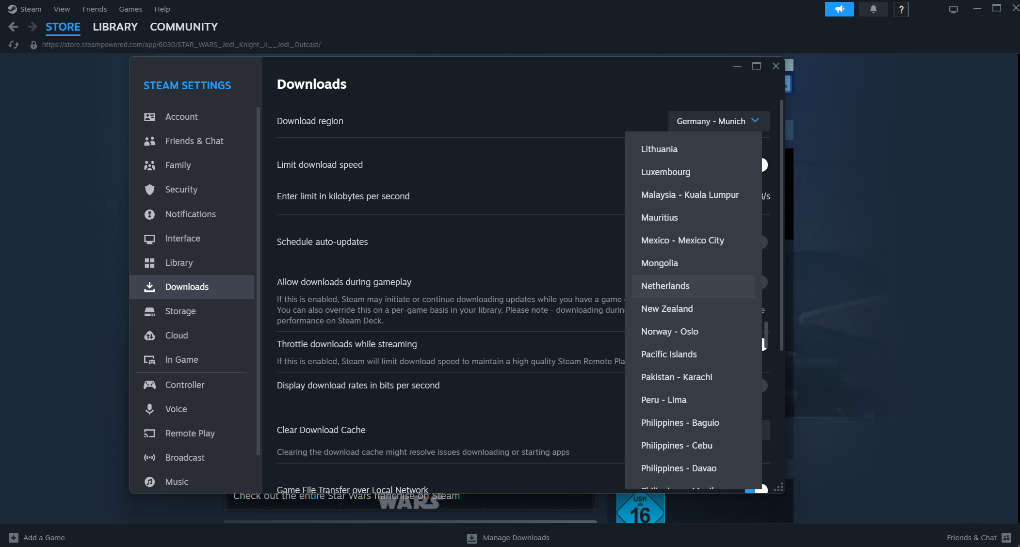 Steam Download Settings Interface