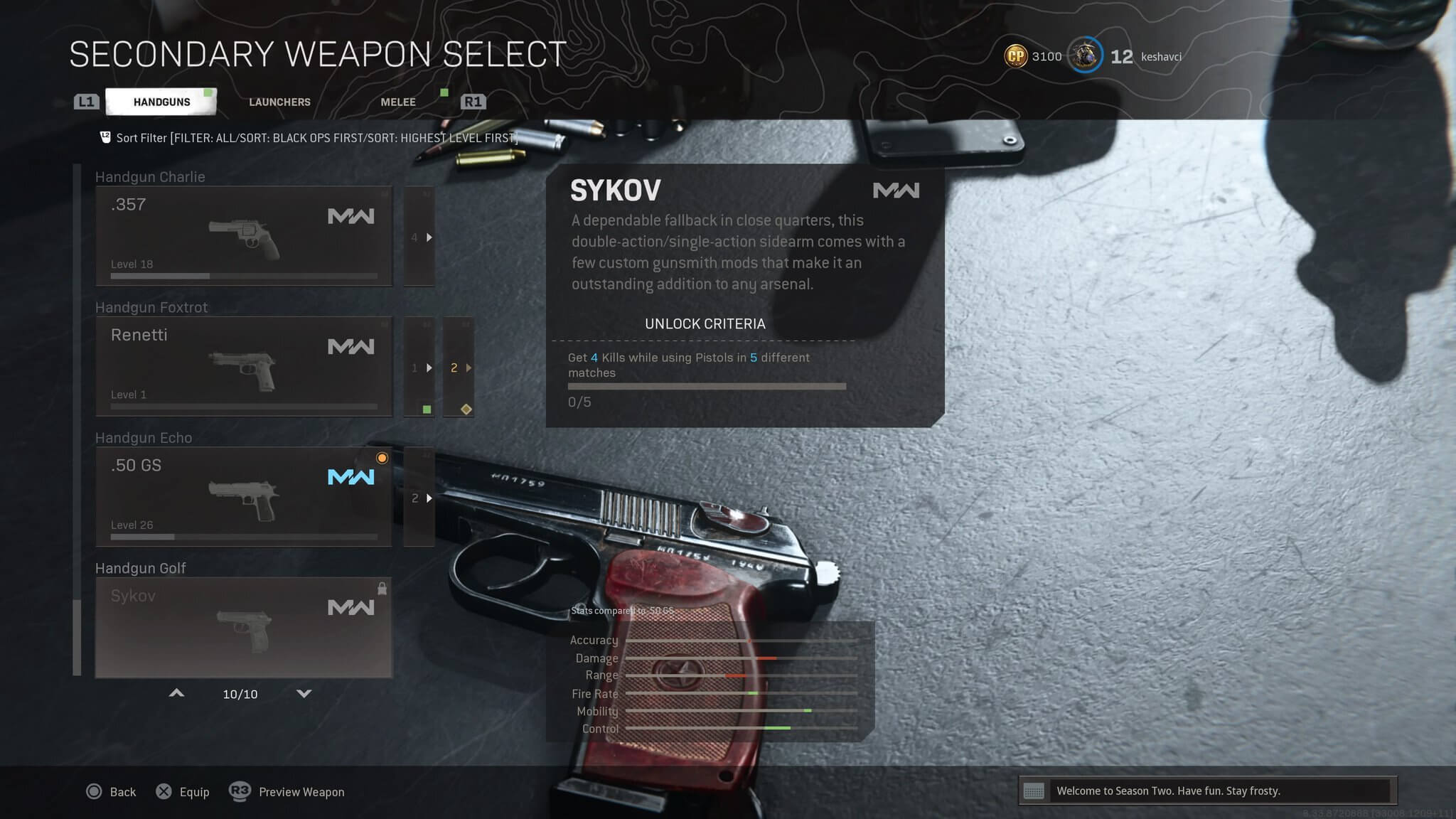 Sykov pistol warzone select screen