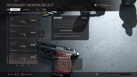 Sykov pistol warzone select screen