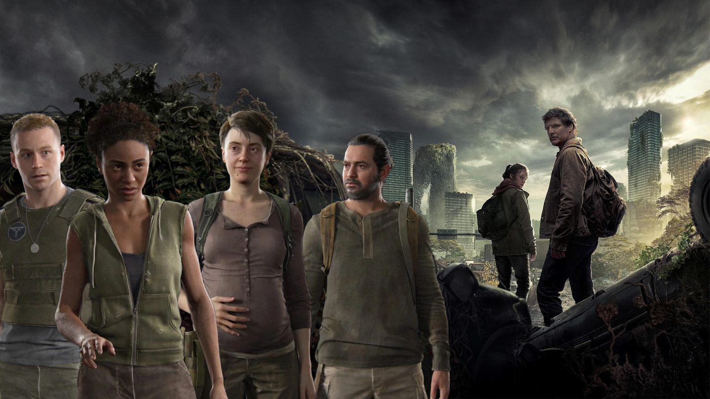 Last of Us from HBO background with Manny, Mel, Nora, and Owen in foreground