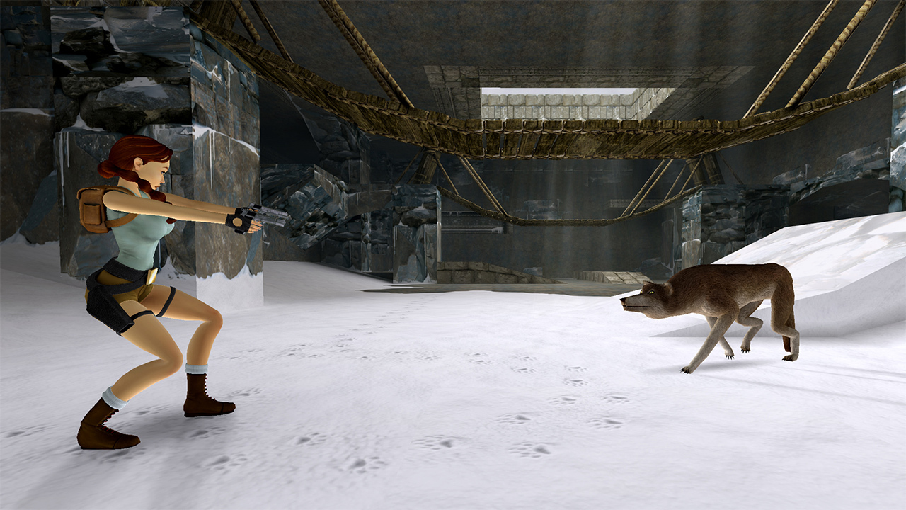 Lara Croft vs. Wolf in Eisumgebung in Tomb Raider 3