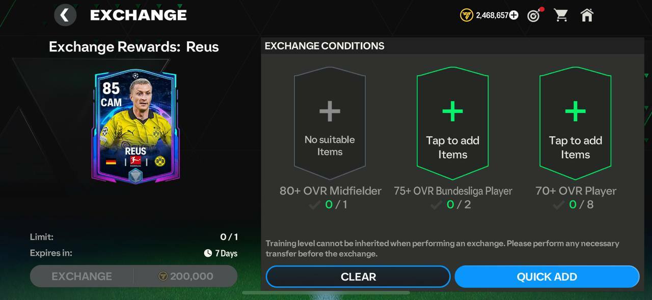 UCL Marco Reus requirements