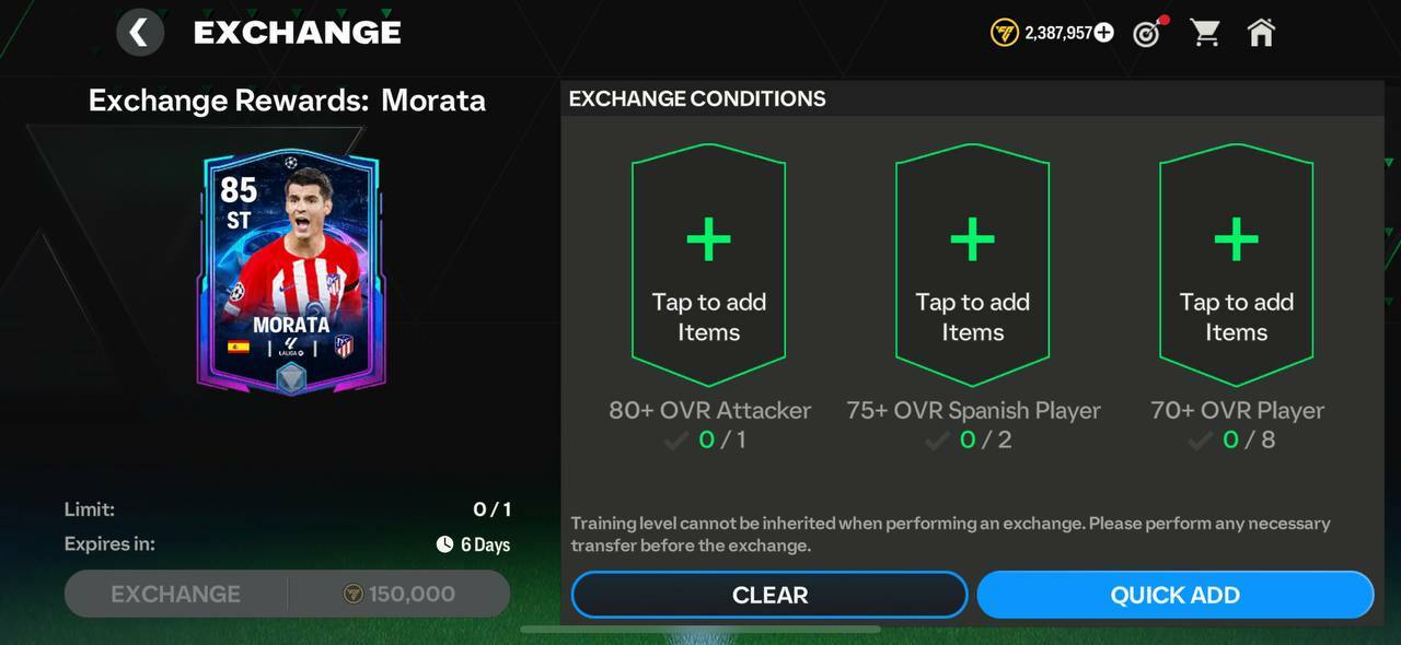 UCL Morata Requirements FC Mobile