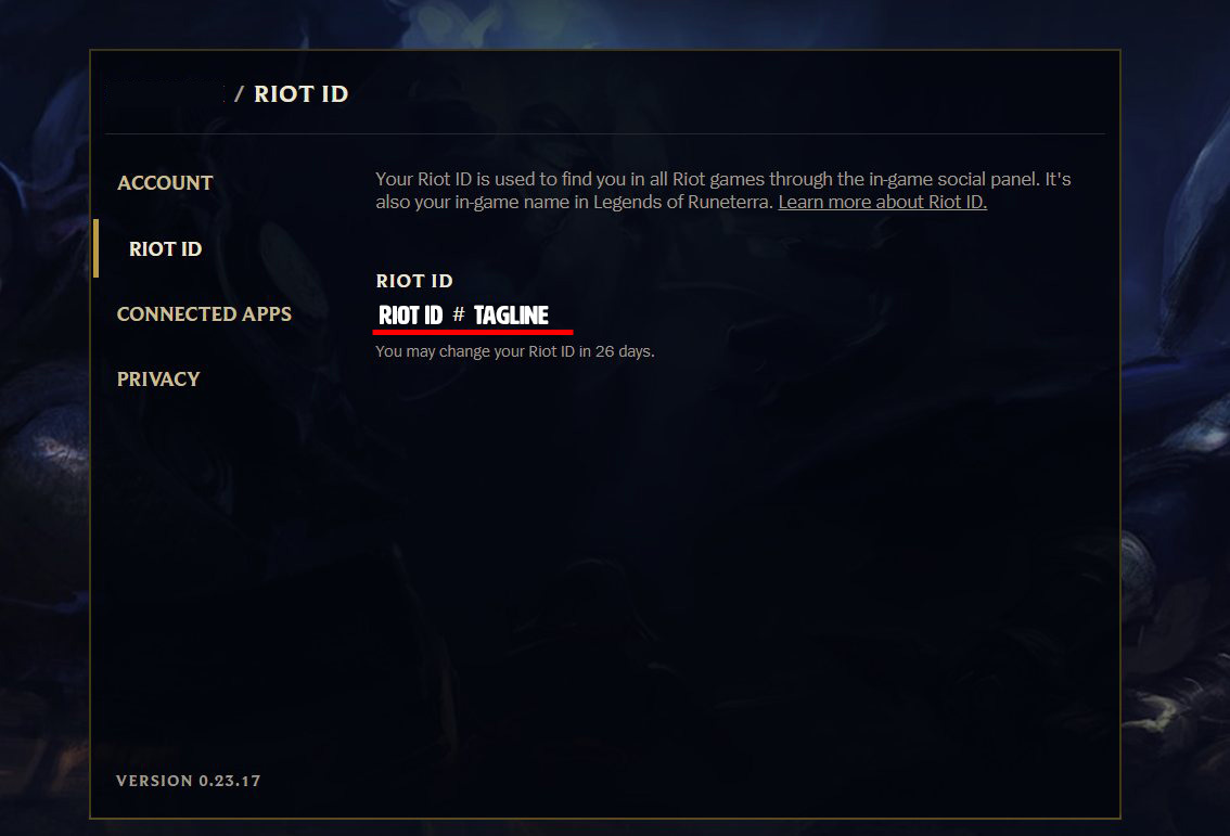 The Riot Account website displays Riot ID and tagline