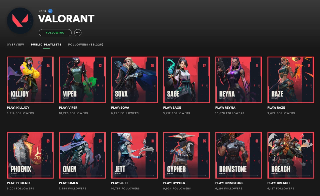 Valorant Spotify Playlists for All Released Agents