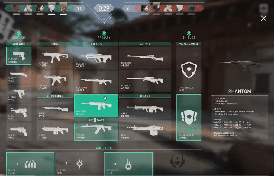 The Valorant weapons menu