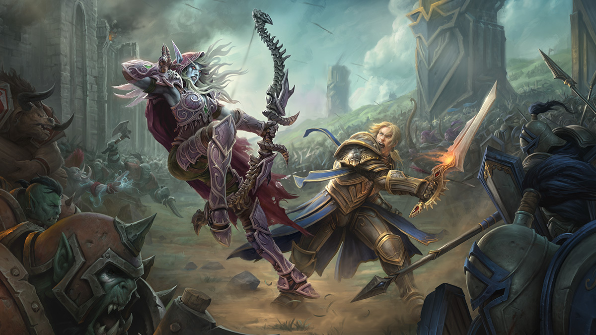 Sylvanas and Anduin Wrynn fighting each other in between Horde and Alliance warriors.