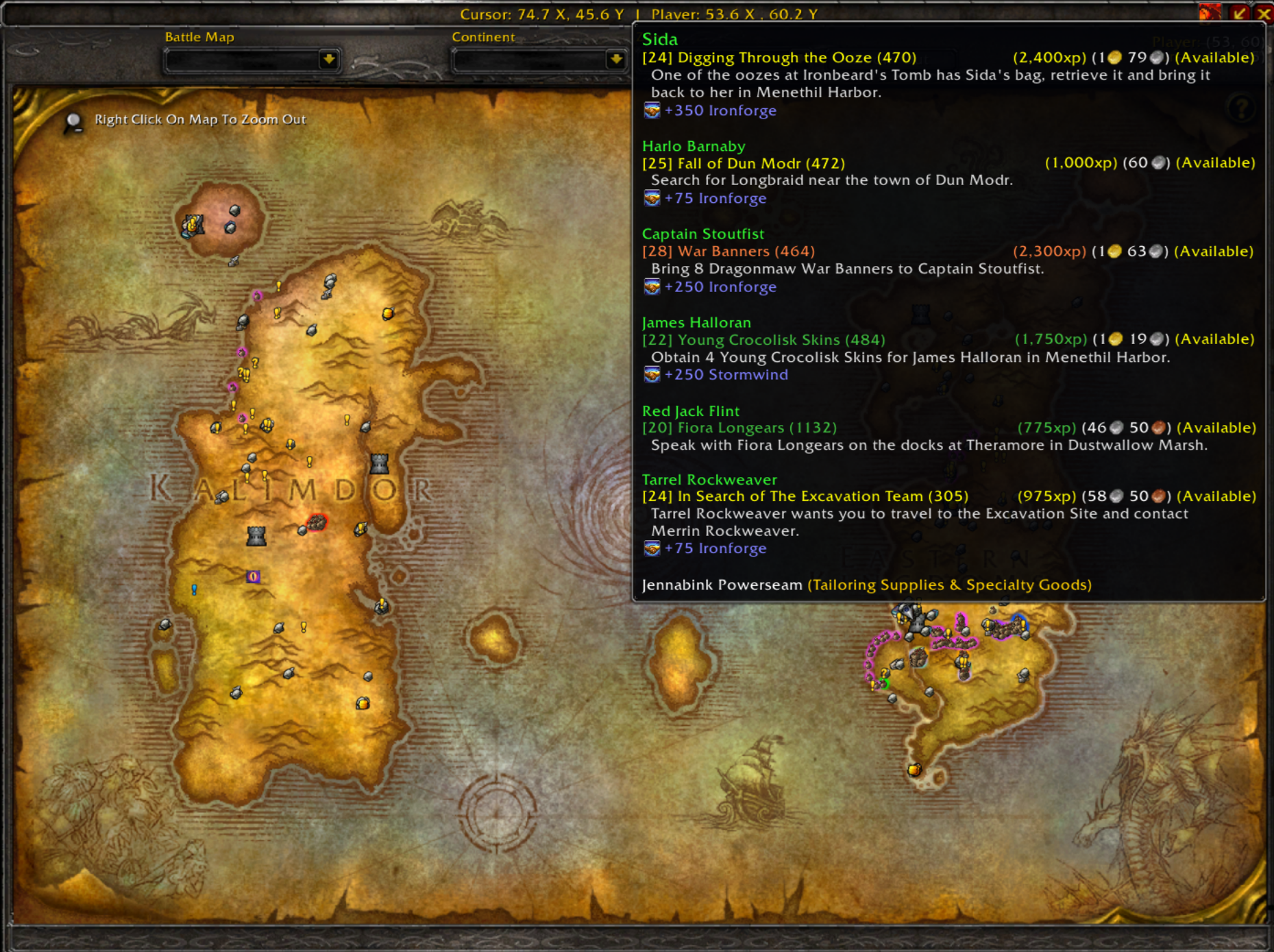 WoW Classic Map Showing Quest Rewards