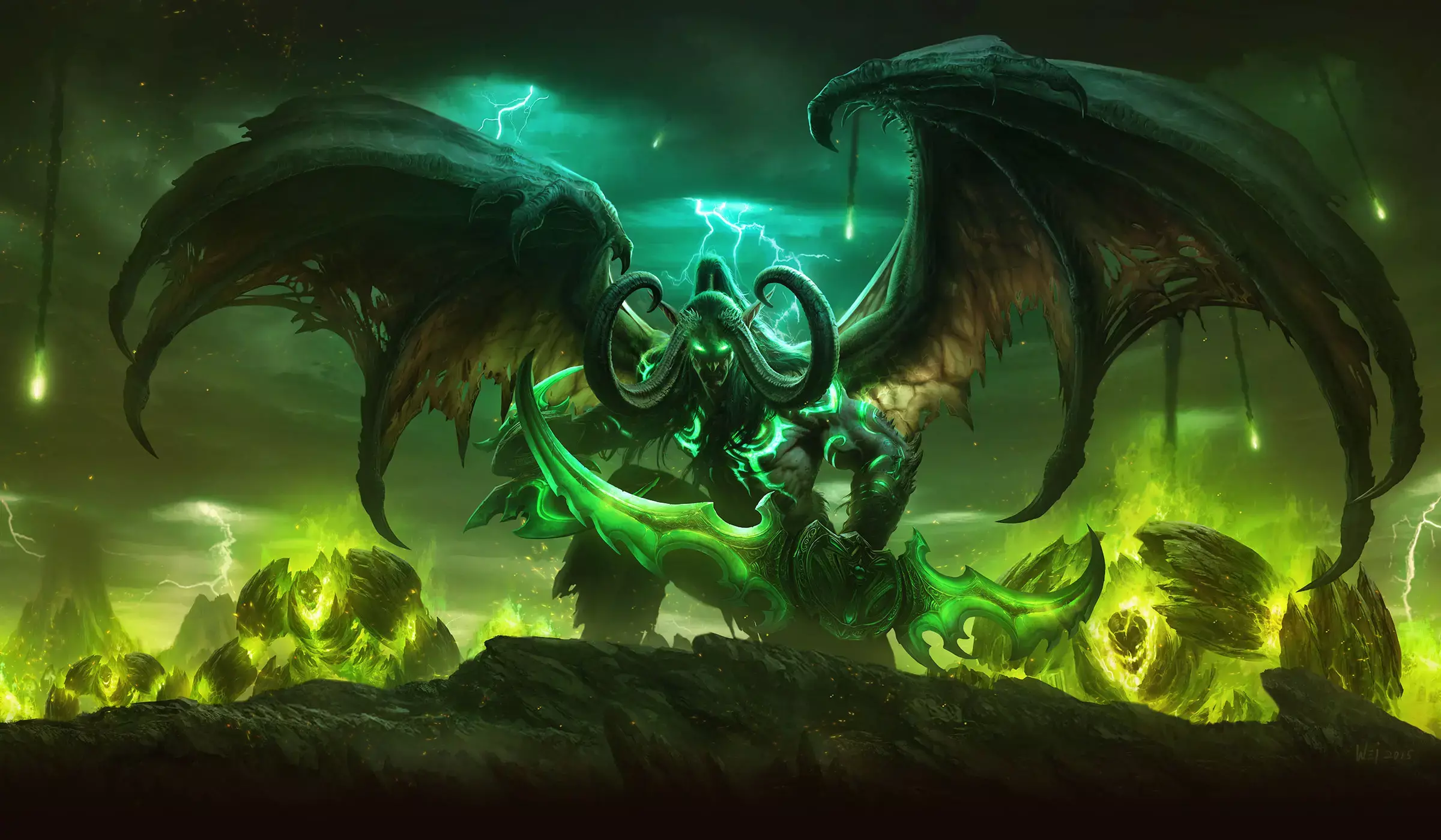 Illidan in his Demonic Form in front of three hellfire beasts