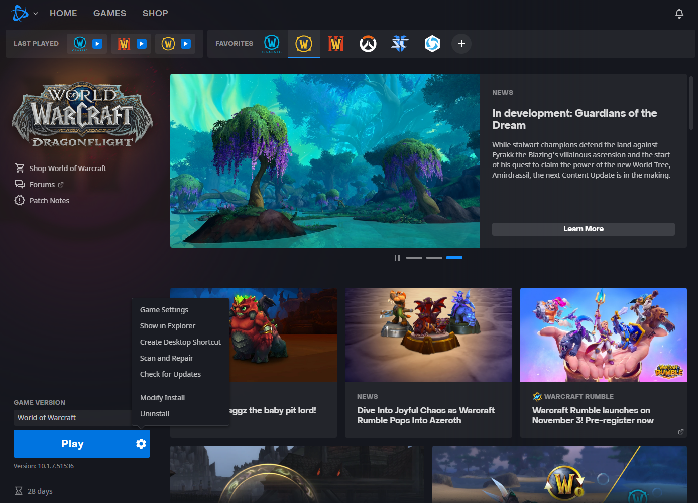 Battle.net client Wow title screen