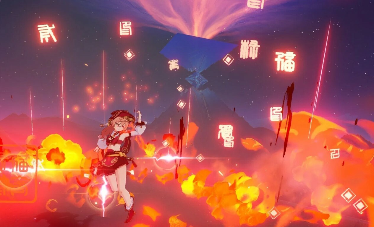 Character Yanfei, a Pyro mage, unleashes her skill, a rain of flames adorned by red-hot characters.