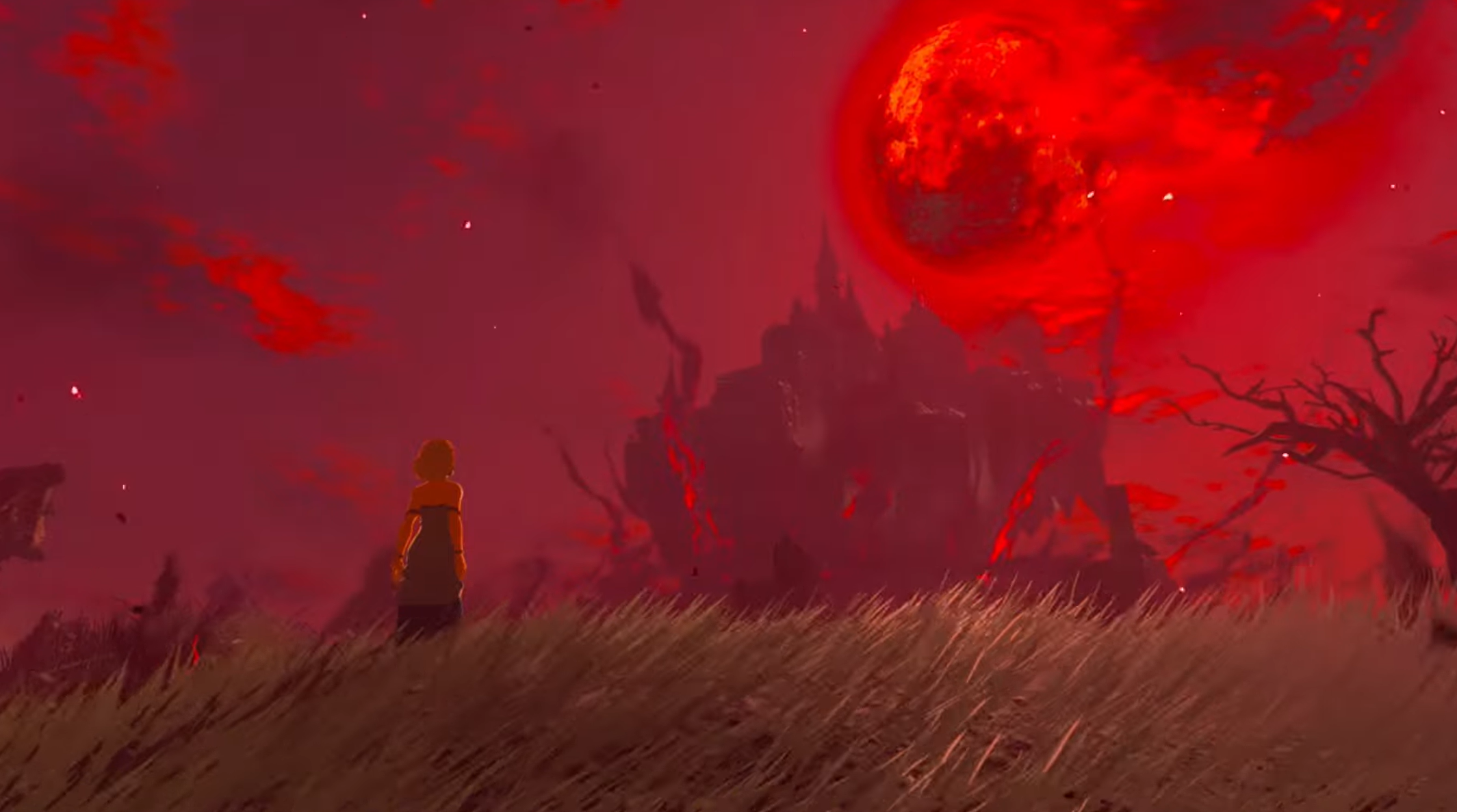 Zelda looking at Hyrule Castle and the Blood Moon over it