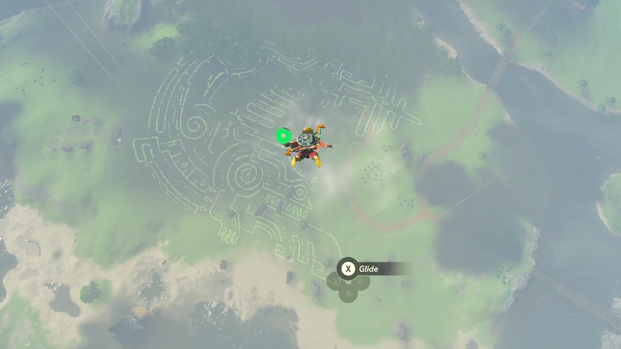 Link flying over a geoglyph in Zelda Tears of the Kingdom